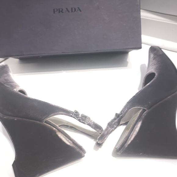 Prada Vintage Velvet Wedge Slingbacks in Graphite Grey - Picture 5 of 13